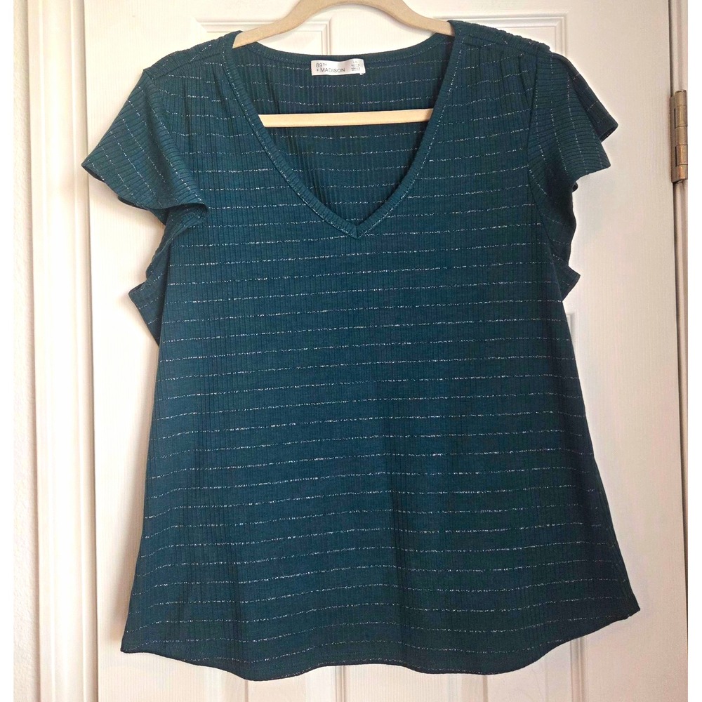 89th & Madison Teal Green Metallic Stripe Ribbed V-Neck Flutter Sleeve Top L